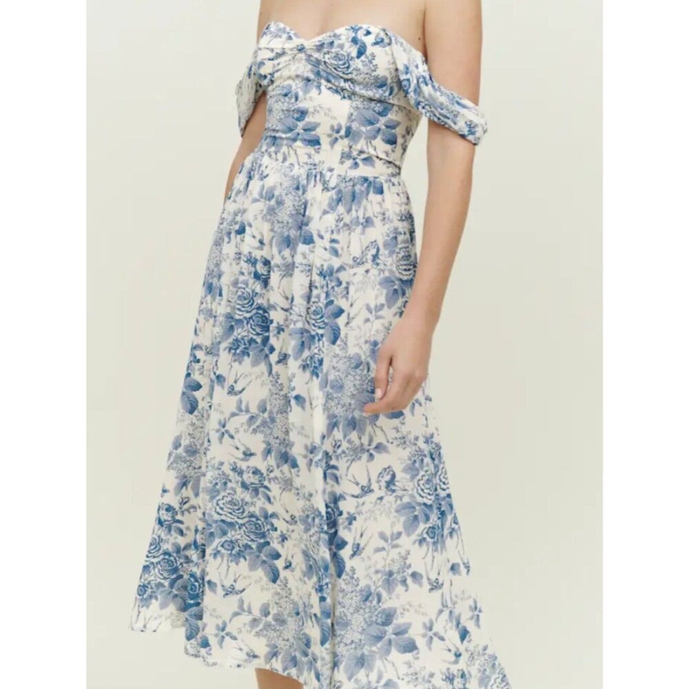 NWT Reformation Maxi Dress White Blue Floral Pompadour Violet Off Shoulder sz 0